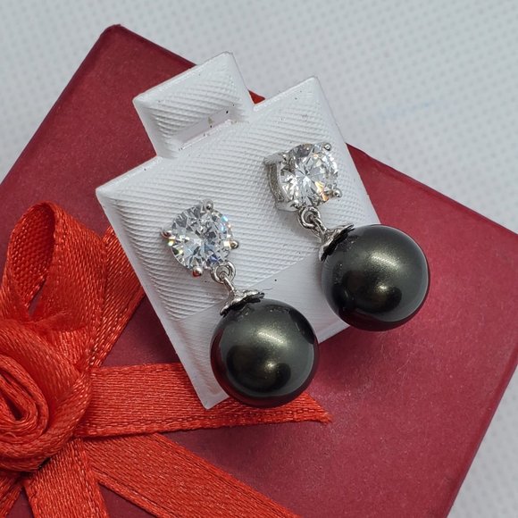 925 Silver CZ and Dangling Pearl Earrings - Picture 2 of 6